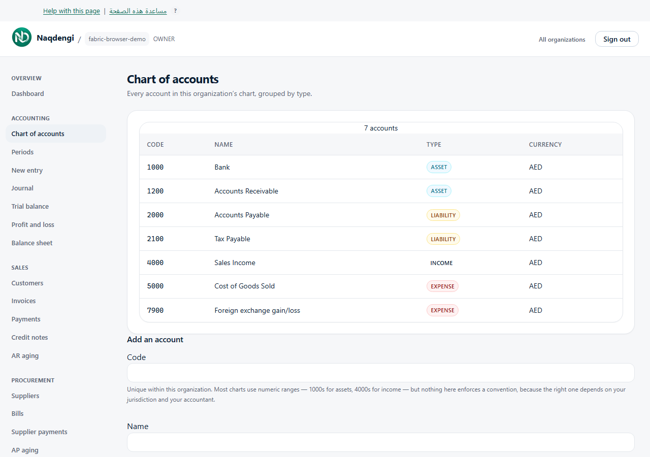 Actual synthetic demo: Manage chart of accounts. Application labels are shown in English.