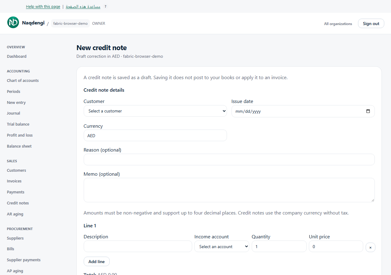 Actual synthetic demo: Save a draft credit note. Application labels are shown in English.