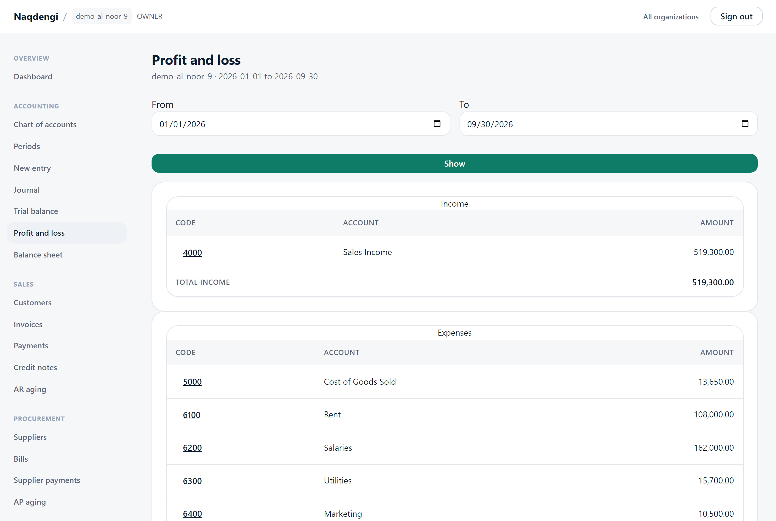 Naqdengi profit and loss report